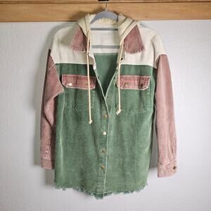Corduroy Snap Up Jackey Green Tan Hooded Shacket Medium Frayed Hem